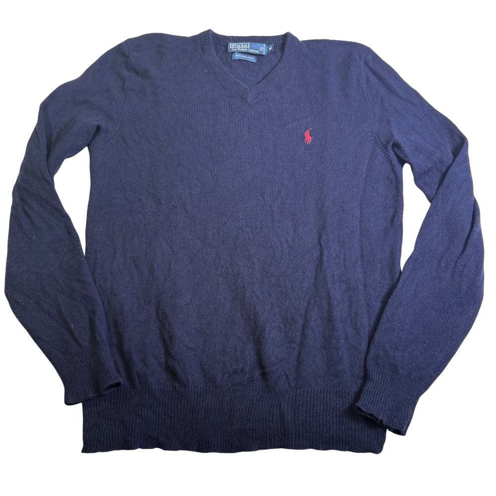 Polo Ralph Lauren Sweater Mens M Navy Excellent 100% Lambswool V-Neck Pony Logo